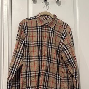 Burberry Tan Plaid Shirt with Red and Black Accents